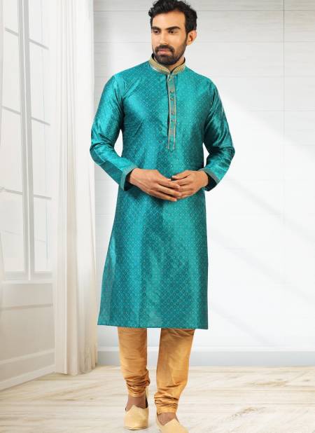 Sea Green Colour New Design Jacquard Silk Brocade Festive Wear Latest Kurta Pajama Mens Collection 1219-1008